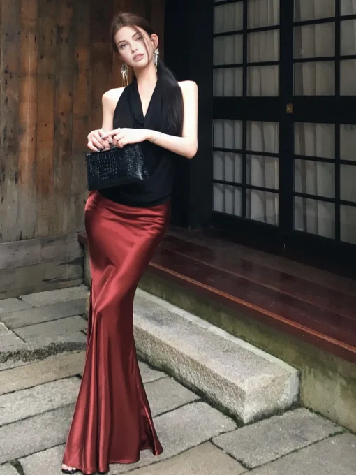 COMMENSE Skirts|Bottoms^Pleated Satin Maxi Skirt Burgundy