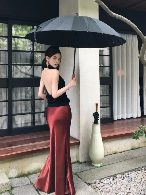 COMMENSE Skirts|Bottoms^Pleated Satin Maxi Skirt Burgundy