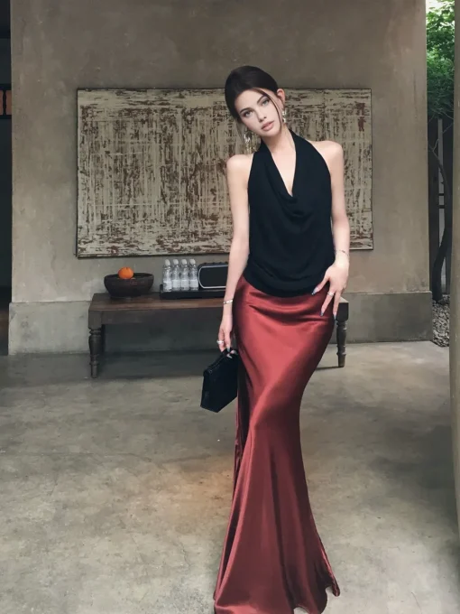 COMMENSE Skirts|Bottoms^Pleated Satin Maxi Skirt Burgundy