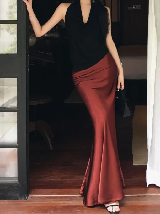 COMMENSE Skirts|Bottoms^Pleated Satin Maxi Skirt Burgundy