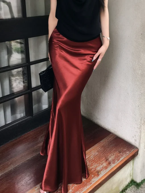 COMMENSE Skirts|Bottoms^Pleated Satin Maxi Skirt Burgundy
