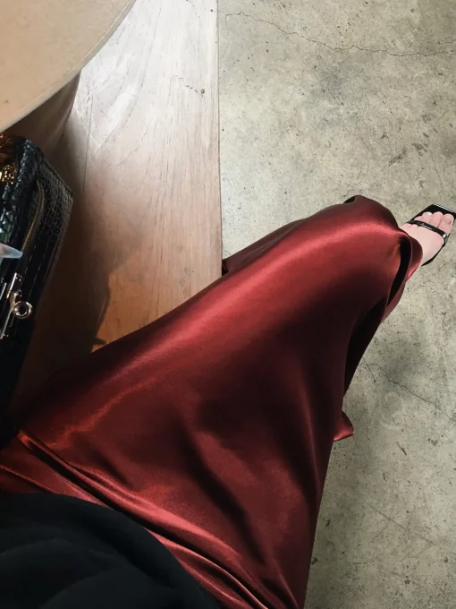 COMMENSE Skirts|Bottoms^Pleated Satin Maxi Skirt Burgundy