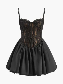 COMMENSE Dresses^Pleated Satin-Hem Lace Cami Dress Black