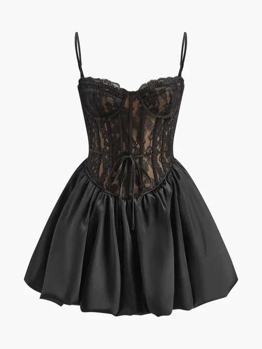 COMMENSE Dresses^Pleated Satin-Hem Lace Cami Dress Black