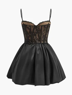 COMMENSE Dresses^Pleated Satin-Hem Lace Cami Dress Black