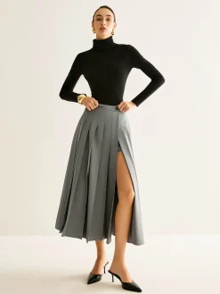 COMMENSE Skirts|Bottoms^Pleated Slit Zipper Skirt Grey