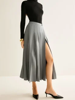 COMMENSE Skirts|Bottoms^Pleated Slit Zipper Skirt Grey