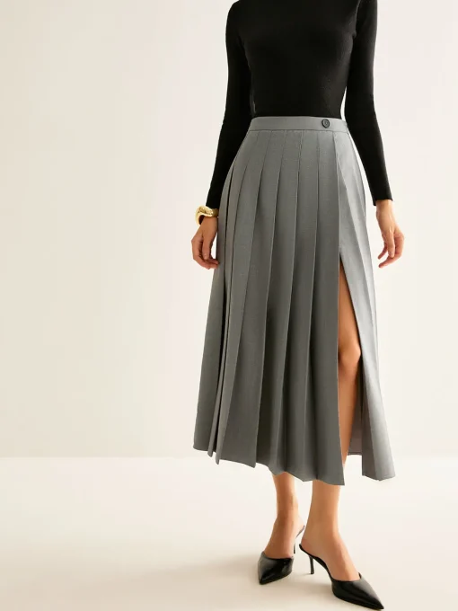 COMMENSE Skirts|Bottoms^Pleated Slit Zipper Skirt Grey
