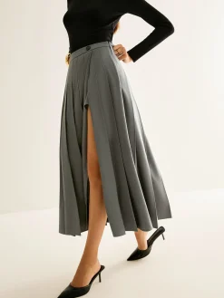 COMMENSE Skirts|Bottoms^Pleated Slit Zipper Skirt Grey