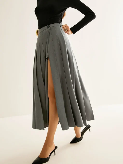 COMMENSE Skirts|Bottoms^Pleated Slit Zipper Skirt Grey