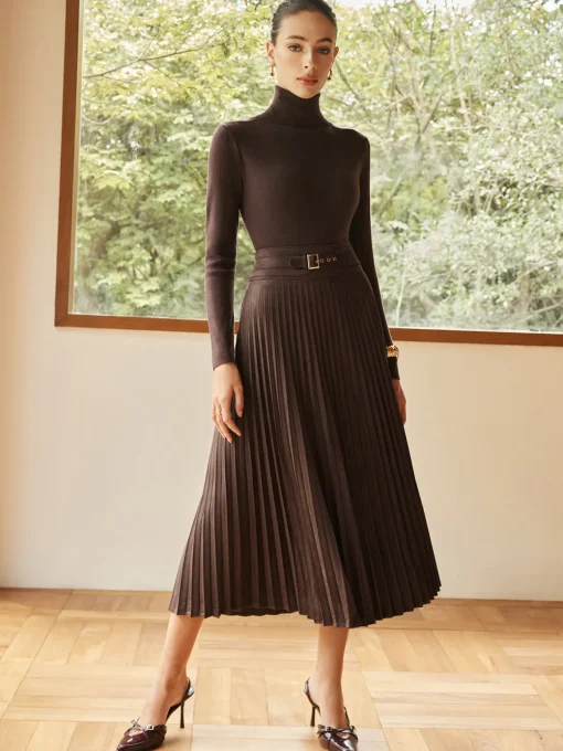 COMMENSE Skirts|Bottoms^Pleated Suede Skirt DarkBrown