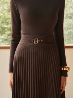 COMMENSE Skirts|Bottoms^Pleated Suede Skirt DarkBrown