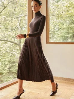 COMMENSE Skirts|Bottoms^Pleated Suede Skirt DarkBrown