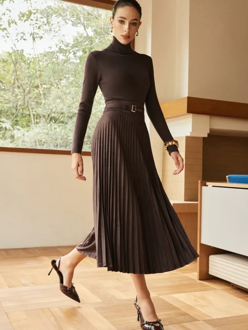 COMMENSE Skirts|Bottoms^Pleated Suede Skirt DarkBrown