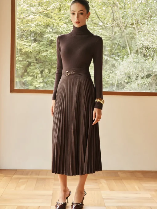 COMMENSE Skirts|Bottoms^Pleated Suede Skirt DarkBrown