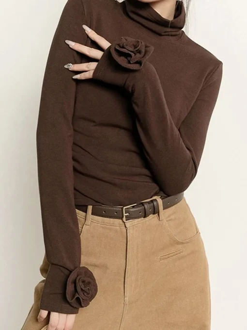 COMMENSE T-shirts|Tops^Pleated Turtleneck 3D Flower Slim T-Shirt DarkBrown