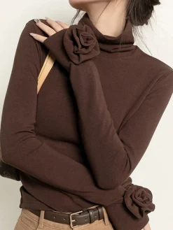 COMMENSE T-shirts|Tops^Pleated Turtleneck 3D Flower Slim T-Shirt DarkBrown
