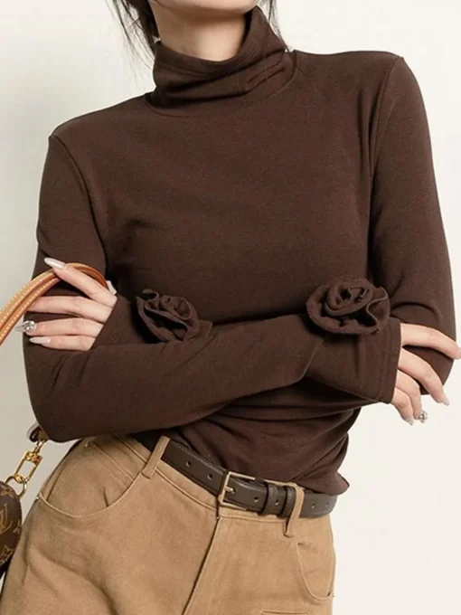 COMMENSE T-shirts|Tops^Pleated Turtleneck 3D Flower Slim T-Shirt DarkBrown