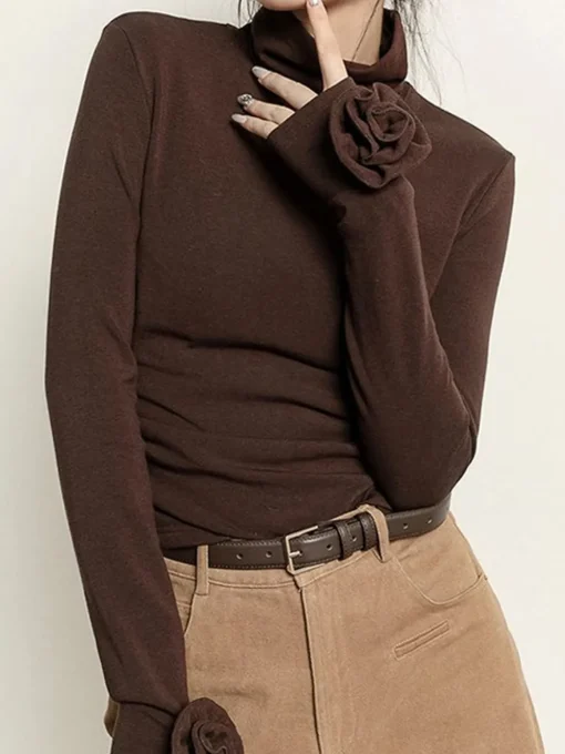 COMMENSE T-shirts|Tops^Pleated Turtleneck 3D Flower Slim T-Shirt DarkBrown