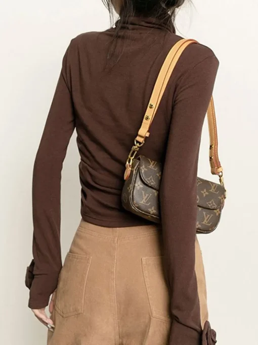 COMMENSE T-shirts|Tops^Pleated Turtleneck 3D Flower Slim T-Shirt DarkBrown