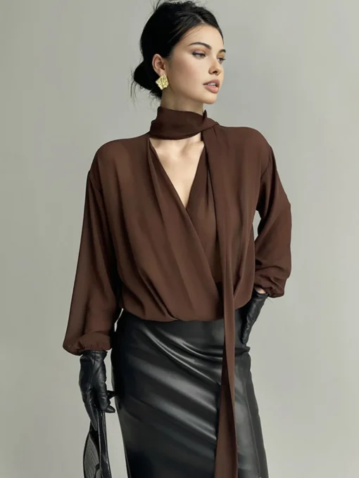 COMMENSE Blouses & Shirts^Pleated V-Neck Shirt With Scarf DarkBrown