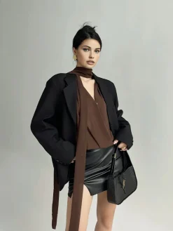 COMMENSE Blouses & Shirts^Pleated V-Neck Shirt With Scarf DarkBrown
