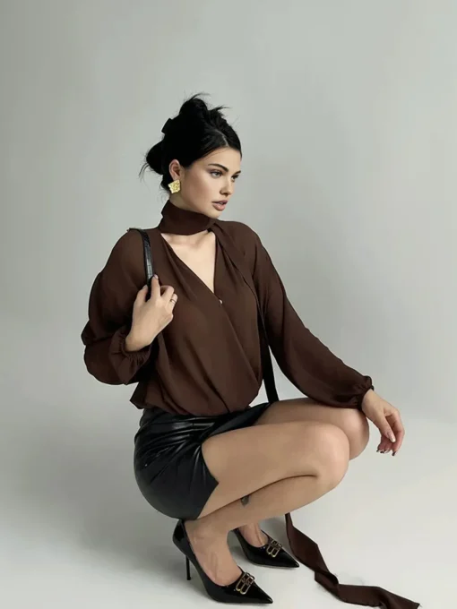 COMMENSE Blouses & Shirts^Pleated V-Neck Shirt With Scarf DarkBrown
