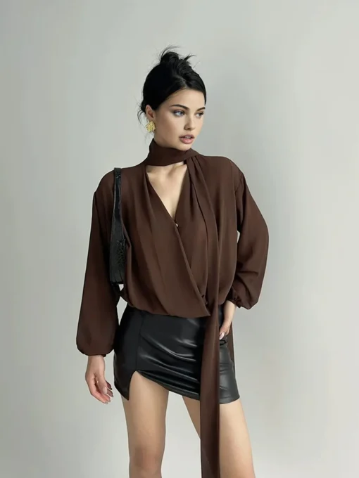 COMMENSE Blouses & Shirts^Pleated V-Neck Shirt With Scarf DarkBrown