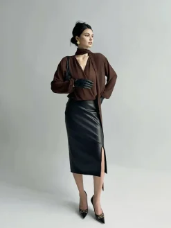 COMMENSE Blouses & Shirts^Pleated V-Neck Shirt With Scarf DarkBrown