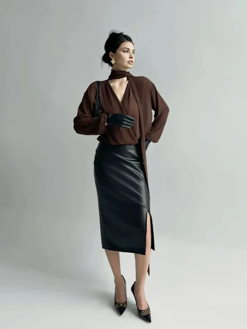 COMMENSE Blouses & Shirts^Pleated V-Neck Shirt With Scarf DarkBrown