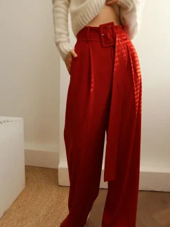 COMMENSE Pants|Bottoms^Pleated Wide Belted Pants Red