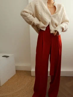 COMMENSE Pants|Bottoms^Pleated Wide Belted Pants Red