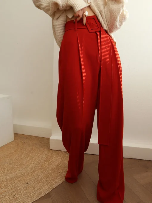 COMMENSE Pants|Bottoms^Pleated Wide Belted Pants Red
