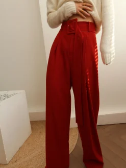COMMENSE Pants|Bottoms^Pleated Wide Belted Pants Red