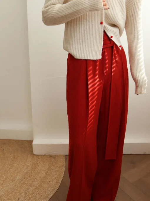 COMMENSE Pants|Bottoms^Pleated Wide Belted Pants Red