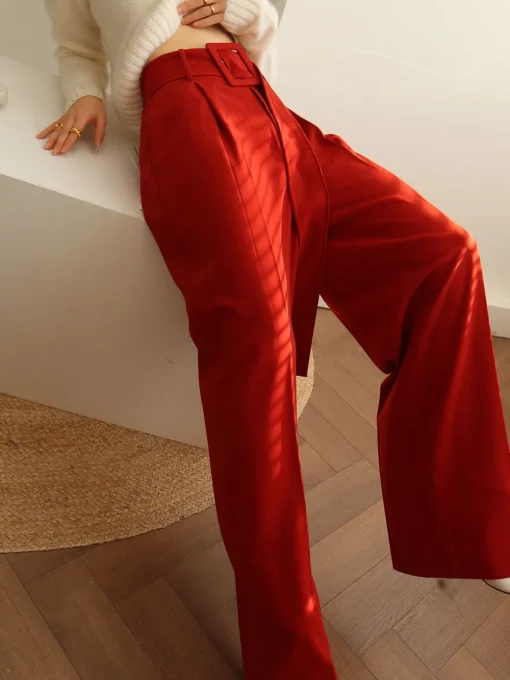 COMMENSE Pants|Bottoms^Pleated Wide Belted Pants Red