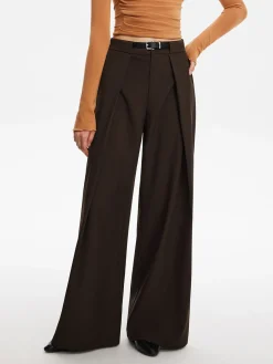 COMMENSE Pants|Bottoms^Pleated Wide-Leg Pants With Belt DarkBrown