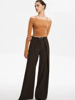 COMMENSE Pants|Bottoms^Pleated Wide-Leg Pants With Belt DarkBrown