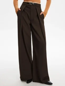 COMMENSE Pants|Bottoms^Pleated Wide-Leg Pants With Belt DarkBrown