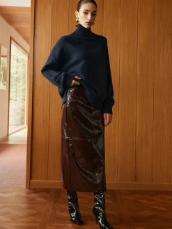 COMMENSE Skirts|Bottoms^Pocket Split Faux Leather Skirt Burgundy