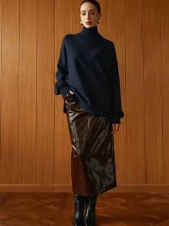 COMMENSE Skirts|Bottoms^Pocket Split Faux Leather Skirt Burgundy