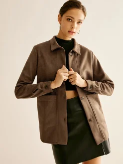 COMMENSE Blouses & Shirts|Tops^Pockets Suede Polo Shirt Brown