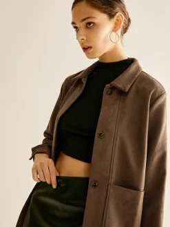 COMMENSE Blouses & Shirts|Tops^Pockets Suede Polo Shirt Brown
