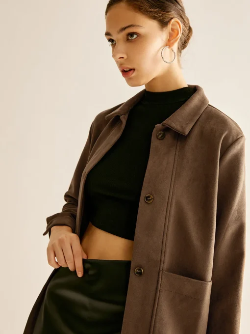 COMMENSE Blouses & Shirts|Tops^Pockets Suede Polo Shirt Brown