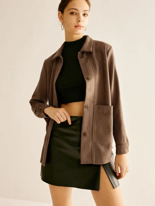 COMMENSE Blouses & Shirts|Tops^Pockets Suede Polo Shirt Brown