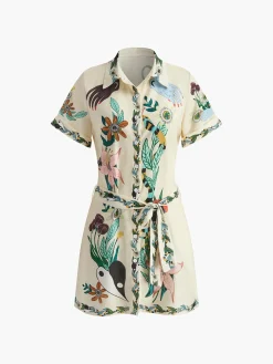 COMMENSE Dresses^Print Collared Belted Short Dress Multicolor
