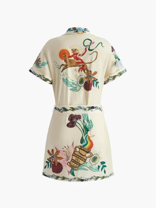 COMMENSE Dresses^Print Collared Belted Short Dress Multicolor