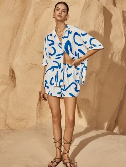 COMMENSE Shorts Sets|Shorts^Print Drawstring Shift Shorts Set Bluewhite