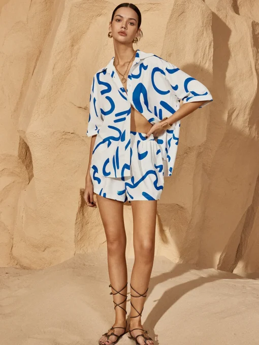 COMMENSE Shorts Sets|Shorts^Print Drawstring Shift Shorts Set Bluewhite