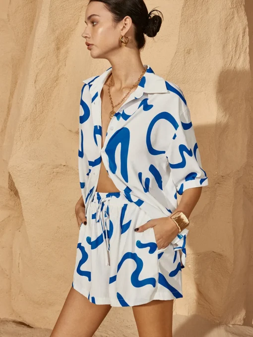 COMMENSE Shorts Sets|Shorts^Print Drawstring Shift Shorts Set Bluewhite